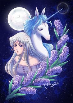 an illustration of a girl and a unicorn with flowers in front of the moon on a night sky background