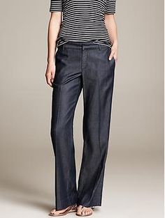 Chambray Wide-Leg Pant - Pants Elegant Straight Leg Jeans With Pockets, Elegant Relaxed Fit Jeans With Pockets, Fitted Jeans With Flap Pockets For Work, Chic Straight Bottoms With Welt Pockets, Formal Spring Bottoms With Patch Pockets, Classic Denim Pants For Workwear, Chic Straight Pants With Belt Loops, Tailored Straight Casual Pants, Classic Bottoms With Flap Pockets For Fall