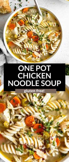 one pot chicken noodle soup in a white bowl