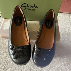 New In The Box Never Used Black Leather Round Toe Dress Shoes With Patent Leather Embellishment. Designed For Perfect Arch Support. Hot Pink Wedges, Pink Wedge Sandals, Lace Up Wedge Sandals, Clarks Sandals, Pink Wedges, Pearl Sandals, Wedge Loafers, Lace Up Wedges, Clarks Women's