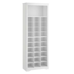 a white bookcase with many shelves on it's sides and one door open