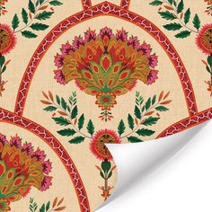 an image of a wallpaper with flowers and leaves on the back ground in red, green, yellow and orange colors