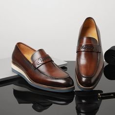 Elevate your formal attire with our Distinguished Leather Exotic Business Wedding Slip-On Loafers. Crafted with genuine leather, these loafers exude sophistication and class. Upgrade your shoe collection with these exquisite leather loafers that effortlessly combine style and comfort. Shop now and step into elegance. Classic Slip-on Leather Wedding Shoes, Brown Goodyear Welted Dress Shoes For Wedding, Slip-on Oxfords With Leather Sole For Wedding, Brown Round Toe Loafers For Wedding, Brown Wedding Loafers With Round Toe, Elegant Brown Slip-on Monk Strap Shoes, Brown Leather Sole Loafers For Wedding, Classic Brown Loafers For Wedding, Brown Moc Toe Loafers For Formal Occasions