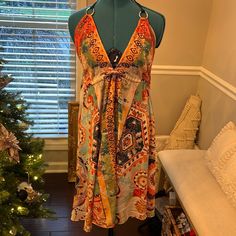 Never Worn, Bought From Jamaica. Has Silver Rhinestones On The Dress And Is More Of A Midi Dress. Bohemian V-neck Mini Dress For Holiday, Bohemian Mini Dress With Colorful Pattern For Beach, Printed Sundress For Holiday, Bohemian Mini Length Holiday Dresses, Bohemian Sleeveless Midi Dress In Multicolor Print, Bohemian Sleeveless Multicolor Midi Dress, Holiday Halter Neck Sundress, Halter Neck Sundress For Holiday, Bohemian Halter Neck Printed Mini Dress