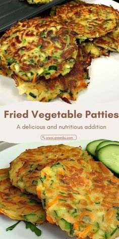 three different types of fritter patties with cucumbers