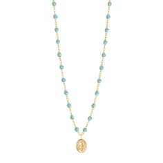 Gigi Clozeau - Madone Charm Classic Gigi Aqua necklace, Yellow Gold, 16.5 Spiritual Yellow Gold Beaded Necklace For Gift, Spiritual Pendant Necklaces With Beaded Chain, Spiritual Pendant Necklace With Beaded Chain, Spiritual Beaded Chain Necklace With Round Pendant, Spiritual Necklace With Beaded Chain And Round Pendant, Yellow Gold Necklaces With Gemstone Beads, Yellow Gold Necklace With Gemstone Beads, Amulet Style Pendant Necklace With Beaded Chain, Amulet-style Pendant Necklace With Beaded Chain