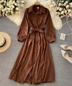 Stylish A Line Long Sleeve Dress Fall A-line Belted Maxi Dress, Long Solid Color Winter Dress, Solid Color A-line Long Sleeve Dress For Fall, Winter A-line Solid Color Maxi Dress, Fitted A-line Long Sleeve Dress For Fall, Brown Knee-length Midi Dress For Fall, Long Sleeve Solid Color Winter Dresses, Solid Color Long Sleeve Dress For Fall, Elegant Solid Color Dress For Fall