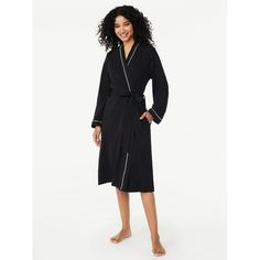 No need to borrow his oversized, too heavy robe -- time to get your own! Joyspun's Knit Robe is so soft in a cotton jersey blend with an easy silhouette that gently wraps you in comfort and style. Contrast piping gives it a stylish finish that coordinates with our matching Joyspun Notch Collar Sleepshirt or Pajama Set (sold separately). Meet Joyspun. A joyful new spin on Secret Treasures. Only at Walmart. Size: M.  Color: Black.  Gender: female.  Age Group: adult. Black Cotton Cozy Sleepwear, Cozy Black Cotton Sleepwear, Black Winter Sleepwear For Lounging, Black Long Sleeve Sleepwear For Relaxation, Cozy Black Sleepwear With Relaxed Fit, Cozy Black Sleepwear In Relaxed Fit, Cozy Black Sleepwear, Relaxed Fit, Cozy Black Sleepwear For Lounging, Black Fall Loungewear Sleepwear