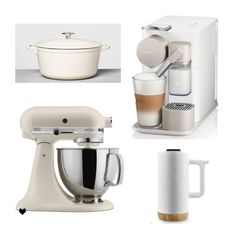 an assortment of kitchen appliances including a mixer and coffee maker