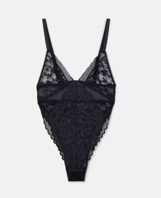 Discover Stella's Black Patchwork Lace High Leg Bodysuit today. Free standard shipping is available on all orders. Shop online now. Lace Straps, Midnight Black, High Leg, Goods And Services, Black Stretch, Floral Lace, Stella Mccartney, Lace, Black