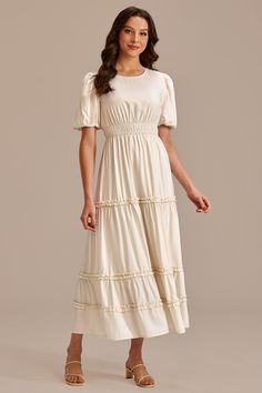 Cream Short Puff Sleeve Round Neck Tiered Midi Dress Skirt Design Ideas, Fashionable Skirts, Skirts For Girls, Flowy Maxi Skirts, Girls Skirt, Short Puff Sleeve, Seersucker Dress, Tiered Midi Dress, Modest Fashion Outfits