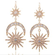 Item Type: Earrings Earring Type: Drop Earring Earring Back Type: Fish Hooks Material: Zinc Alloy, Rhinestone Product Dimensions: 10 x 4.5 cm / 3.94 x 1.77 inch Product Weight: 27 g / 0.06 lbs Package Dimensions: 8 x 6 x 5 cm / 3.15 x 2.36 x 1.97 inch Package Weight: 0.06 kg / 0.13 lbs Package Includes: One Pair of Earrings Vintage Statement Earrings, Punk Earrings, Moon And Star Earrings, Retro Earring, Alloy Earrings, Geometric Star, Boho Vintage, Moon Earrings, Rhinestone Earrings