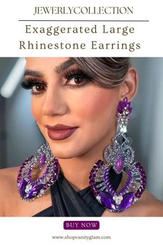 Exaggerated Large Rhinestone Earrings Glamorous Crystal Chandelier Earrings With Rhinestones, Party Jeweled Chandelier Earrings With Cubic Zirconia, Party Chandelier Earrings With Jeweled Cubic Zirconia, Jeweled Cubic Zirconia Chandelier Earrings For Party, Party Jeweled Chandelier Earrings In Cubic Zirconia, Jeweled Cubic Zirconia Bridal Earrings For Party, Purple Cubic Zirconia Earrings With Sparkling Stones, Glamorous Purple Jewelry For Evening, Purple Crystal Drop Earrings For Evening