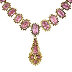 For Sale on 1stDibs - A demi-parure, 'parure' meaning 'adorn' in French, is a partial set of matching jewelry designed to be worn en suite. This incredible handcrafted pink Elegant Pink Jeweled Necklaces, Elegant Pink Necklace With Jewels, Elegant Hallmarked Pink Sapphire Jewelry, Luxury Pink Jeweled Jewelry, Pink Jeweled Pendant Jewelry, Formal Pink Pendant Jewelry, Exquisite Pink Gemstone Necklace, Pink Jewel Pendant Jewelry, Exquisite Pink Gemstone Necklaces