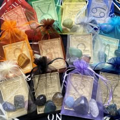 "Crystal energy is such a great way to connect to and bring out the positive qualities of your sign and to heal and move with the challenges implicit in your sign, too!  Each of these kits comes with three crystals for your sign in a bag of the appropriate zodiac colour, along with an information card for you too.  The perfect gift for yourself or a loved one- use the crystals together, or in different charm bags and personal workings! You will notice a new field on some of my listings that asks for \"personalization\". This is because all international orders  REQUIRE a phone number to ship; adding your phone number into your purchase process makes it easier for us to get your order shipped on time for you. Customers in Canada and the US- you can add your phone number, or just put N/A in Crystals Gift Ideas, Spiritual Products To Sell, Crystal Business Ideas, Crystal Packaging Ideas, Crystal Goodie Bags, Crystal Packs, Box Of Crystals, Spiritual Mineral Crystal For Gift, Crystal Packaging