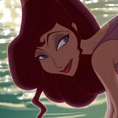 ariel from the little mermaid with purple hair and blue eyes, standing in water looking at camera