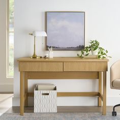 a desk with a lamp and some plants on it