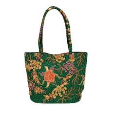 Indonesian Batik and Bead Cotton Tote Bag - Princess Art | NOVICA Green Embroidered Tote Bag, Green Floral Embroidered Bag For Daily Use, Green Floral Embroidery Bag For Daily Use, Green Tote Bag With Floral Embroidery, Green Embroidered Bag For Daily Use, Embroidered Green Bag For Daily Use, Green Shoulder Bag With Floral Embroidery, Green Bags With Floral Embroidery As A Gift, Everyday Use Green Shoulder Bag With Floral Embroidery