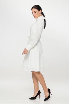 Chic Long Sleeve Belted Knee-length Dress, Chic Belted Long Sleeve Knee-length Dress, Elegant Long Sleeve Belted Shirt Dress, Elegant Long Sleeve Belted Midi Dress, Spring Formal Belted Long Sleeve Dress, Belted Long Sleeve Dress For Spring Formal, Spring Formal Long Sleeve Belted Dress, Elegant Fit And Flare Midi Wedding Dress, Elegant Wedding Fit And Flare Midi Dress