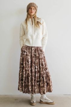 Midi skirt in brown Three Tiered Skirt, Maxi Outfits, Layered Sweater, Skirt Floral, Stretch Skirt, Weekend Brunch, Denim Accessories, Loungewear Sets, Dresses By Length