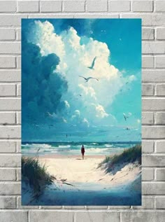 a painting on a brick wall with a person walking in the sand and seagulls flying above