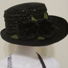 Vintage Hats Costume Black Flowers Hat For Women Nwot Black Formal Boater Hat With Flat Brim, Formal Black Boater Hat With Flat Brim, Black Brimmed Boater Hat For Church, Black Brimmed Boater Hat For Formal Occasions, Black Boater Hat With Curved Brim For Church, Black Curved Brim Boater Hat For Church, Black Mini Hat With Flat Brim For Formal Occasions, Black Short Brim Boater Hat For Church, Formal Black Brimmed Boater Hat