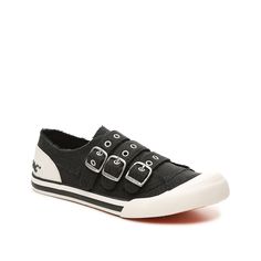 Rocket Dog-Jolissa Sneaker Keep your casual look sporty and cute in the Jolissa flat from Rocket Dog. This slip-on sneaker is perfect for all of your weekend adventures. Sporty Canvas Slip-on Sneakers, Sporty Slip-on Sneakers For Leisure, Sporty Flat Canvas Shoes, Black Flat Casual Sneakers, Casual Black Flat Sneakers, Casual Black Slip-on Sneakers For Spring, Black Slip-on Sneakers For Leisure, Casual Slip-on Sneakers With Flat Heel For Sports, Black Canvas Flat Sneakers