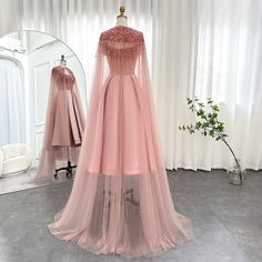 Luxury Dubai Blush Pink Evening Dress with Cape 2023 Ankle Length Short Midi Women Wedding Party Dress – DreamyVow Arabic Evening Dress, Evening Dress With Cape, Arabic Fashion, Dress With Cape, فستان سهرة, Wedding Parties, Lehenga Designs, Cape Dress, Luxury Dress