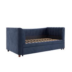 a blue couch with a wooden frame and mattress