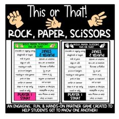 an all about me rock paper scissors poster with two hands and the words rock paper scissors