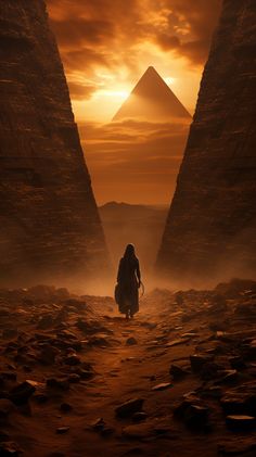 a person walking in front of two pyramids