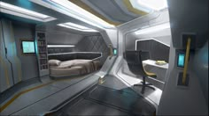 the interior of a space ship with a bed and desk