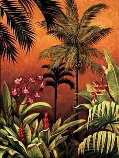 a painting of tropical plants and trees