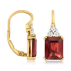 Ross-Simons - 7.00ct t. w. Garnet, .38ct t. w. Diamond Drop Earrings in 14kt Yellow Gold. On this sophisticated pair, deep 7.00 ct. t. w. emerald-cut garnets beckon a warm radiance below shimmering clusters of .38 ct. t. w. round brilliant-cut diamonds. Crafted in 14kt yellow gold. Hanging length is 7/8". Leverback, diamond and garnet drop earrings. Garnet birthstones are the perfect gift for January birthdays. Elegant Gemstone Baguette-cut Earrings, Classic Red Diamond Earrings With Accents, Red Diamond Drop Earrings For Formal Events, Red Diamond Drop Earrings For Formal Occasions, 14k Gold Baguette-cut Diamond Earrings For Formal Occasions, Classic Evening Earrings With Baguette Cut, Formal Red Diamond Drop Earrings, Formal Red Earrings With Diamond Accents, Classic Evening Earrings Baguette Cut