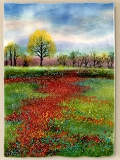 a painting of a field with trees and flowers