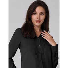 Keep your look semi-formal and elegant in cool weather with this basic shirt from Hobemty. Pair it with a tailored skirt or wide-leg pants and heels for a chic office look. Comfortable and casual, this pleated front shirt is perfect on its own or as a layer under a blazer or jacket. This shirt can be a perfect addition to almost any outfit from formal to daily wear, great for work, meetings, office, businesses, work, parties, cocktails, weddings, casual, daily dressing, etc. Elegant Solid Color Office Shirt, Chic Collared Business Casual Shirt, Chic Collared Shirt For Business Casual, Chic Business Casual Shirt With Collared Neckline, Elegant Business Casual Solid Color Blouse, Elegant Solid Color Blouse For Business Casual, Formal Button-up Solid Color Blouse, Elegant Solid Color Shirt For Work, Elegant Solid Color Blouse For Office Wear