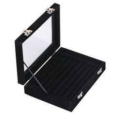 an open black jewelry box on a white background