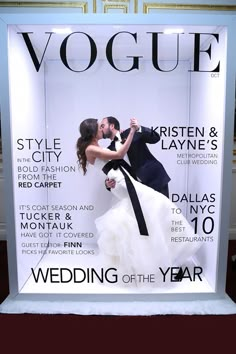 a bride and groom kissing in front of a magazine cover for the wedding of the year