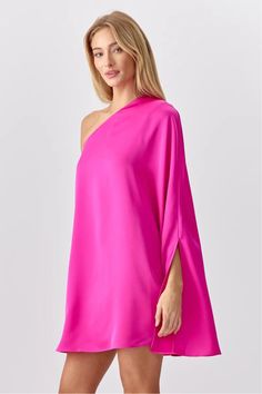 Cape sleeveSleeve slitOne shoulderLength: 48"Chest: 17"﻿Waist 16"Self: 100% PolyesterModel is wearing a size S Beach Shop, Cape Dress, Pitcairn Islands, Trinidad And Tobago, Pretty Outfits, Hot Pink, Cape, Pink, Dresses