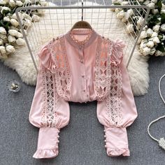 Vintage Charm Lace Panel Blouse Sunday Top, Lantern Sleeve Top, Embellished Shirt, Puff Sleeve Shirt, Beaded Blouse, Causal Outfits, Embellished Blouse, Women Blouse, Long Puff Sleeves