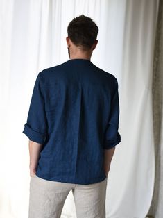 Navy Long Sleeve Shirt With Button Cuffs, Navy Long Sleeve Tops With Button Cuffs, Blue Linen Shirt With Relaxed Fit, Casual Flax Long Sleeve Shirt, Blue Linen Shirt For Fall, Blue Linen Shirt With Pockets, Long Sleeve Flax Cotton Shirt, Long Sleeve Cotton Shirt In Flax Color, Linen Shirt With Roll-up Long Sleeves