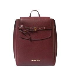 Michael Kors Emilia Medium Pebbled Leather Backpack in Merlot with gold-tone hardware. Flap top magnetic closure. 2 interior compartments. Approximately 10" (L) X 12"(H) X 6"(D). 2.5" top handle. Adjustable backpack straps. Classic Backpack With Branded Hardware, Classic Satchel Backpack With Gold-tone Hardware, Classic Everyday Backpack With Gold-tone Hardware, Classic Leather Backpack With Gold-tone Hardware, Elegant Formal Backpack With Gold-tone Hardware, Elegant Backpack With Branded Hardware, Leather Backpack With Branded Hardware For Daily Use, Michael Kors Textured Leather Travel Bag, Michael Kors Leather Standard Backpack