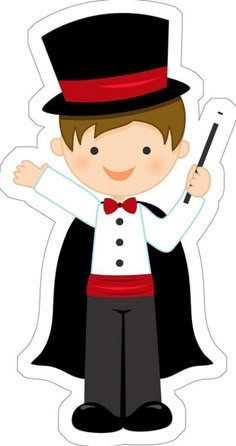 a boy in a top hat and bow tie holding a sticker on his hand