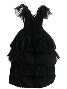 pleated tiered gown from MARCHESA featuring black, fully pleated, V-neck, V-back, rear zip fastening, flute sleeves, tiered skirt and floor-length. Needle And Thread Dress, Needle And Thread Dress Black, Kitsch Fashion, Thread Dress, Tiered Gown, Needle And Thread Dresses, Shopping List Clothes, Marchesa Gowns, Clothing Shopping