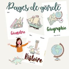 four posters with different types of things in french, english and spanish on the same page