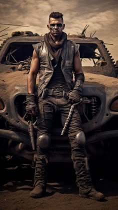 a man sitting on top of a car in front of a rusted out vehicle