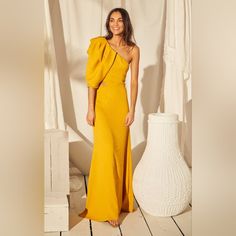 Nwt One Shoulder Dress Chic Yellow Maxi Dress For Formal Occasions, Yellow Formal Maxi Dress For Summer, Yellow Floor-length Cocktail Evening Dress, Chic Yellow Floor-length Dresses, Yellow One-shoulder Dress, Elegant Yellow Midi Dress For Gala, Yellow Maxi Dress For Evening, Yellow Fitted Midi Dress For Gala, Fitted Yellow Midi Dress For Gala