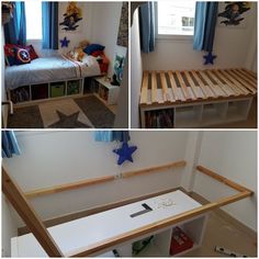 three pictures of a bedroom with bunk beds and toys