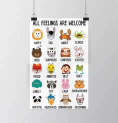 a poster hanging on the wall that says, all feelings are welcome with animals and cats