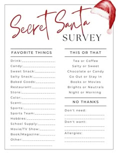 the secret santa survey is shown in this printable christmas activity sheet for kids and adults